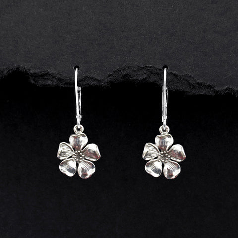 Cherry Blossom Earrings Sterling Silver Small Flower Dangle Leverback Rustic Jewelry Oxidized Black Boho Bohemian Gardener Gift