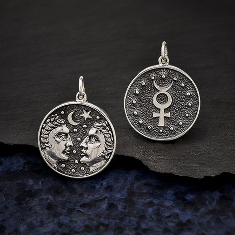 Gemini Zodiac Charm Sterling Silver Two Sided Astrological Celestial Ruling Planet Mercury Pendant