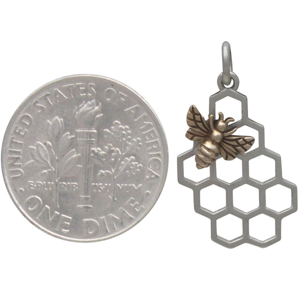 Honeycomb Charm Sterling Silver with Tiny Bronze Bee Pendant Size Comparison