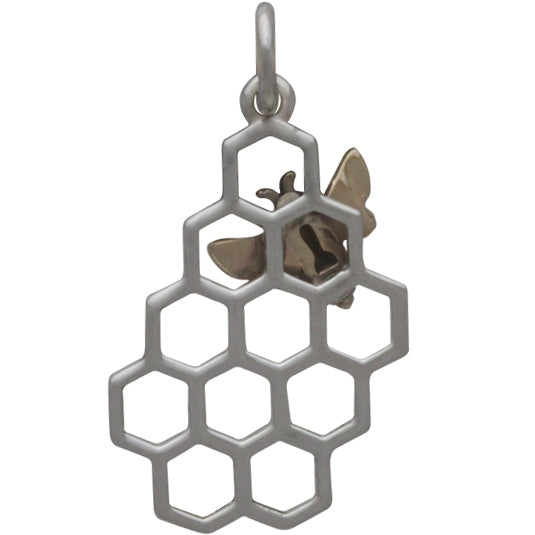 Honeycomb Charm Sterling Silver with Tiny Bronze Bee Pendant Back View