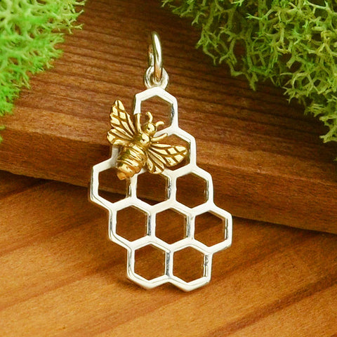 Honeycomb Charm Sterling Silver with Tiny Bronze Bee Pendant