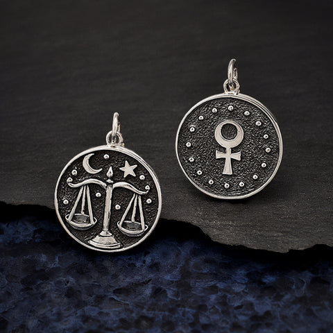 Libra Zodiac Charm Sterling Silver Two Sided Astrology Celestial Ruling Planet Venus Pendant