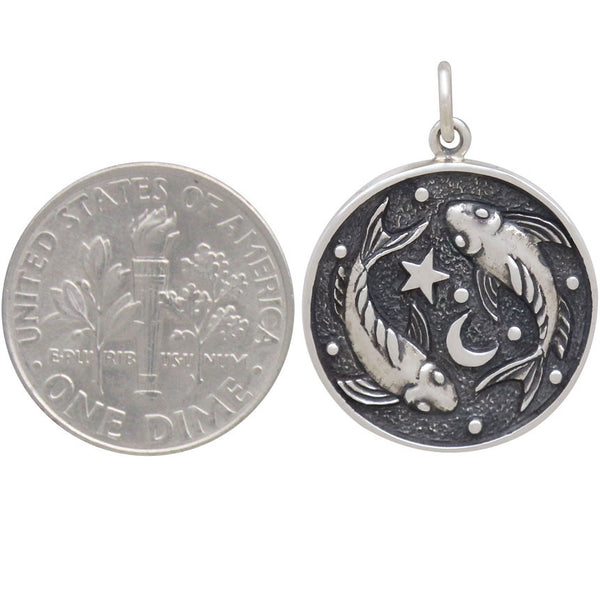 Pisces Zodiac Charm Sterling Silver Two Sided Astrology Celestial Symbol Pendant Ruling Planet Neptune Size Comparison