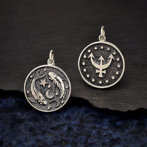 Pisces Zodiac Charm Sterling Silver Two Sided Astrology Celestial Symbol Pendant Ruling Planet Neptune