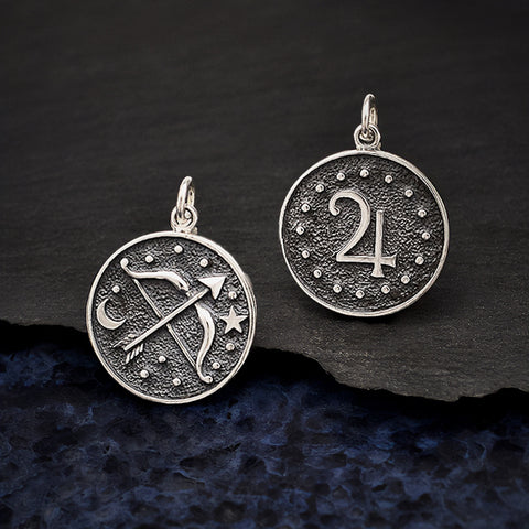 Sagittarius Zodiac Charm Sterling Silver Two Sided Astrology Celestial Symbol Unisex Pendant