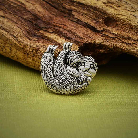 Sloth Charm Sterling Silver Mom and Baby Slider Pendant