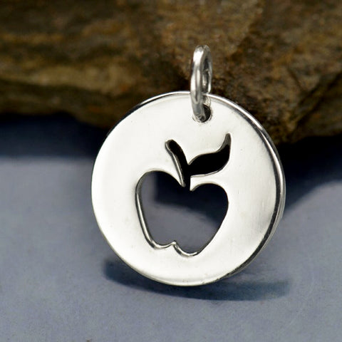 Sterling Silver Cutout Apple Charm Circle Disc Disk Pendant Gift for Teacher