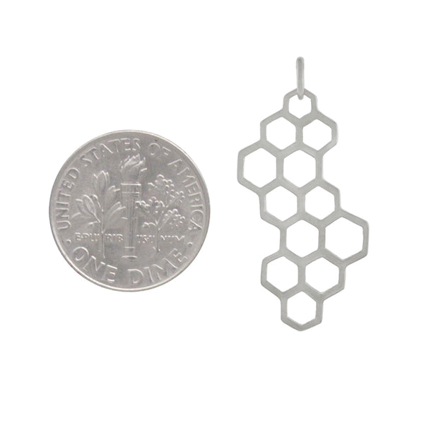 Sterling Silver Honeycomb Charm Openwork Modern Geometric Bee Hive Pendant gift for her Size Comparison