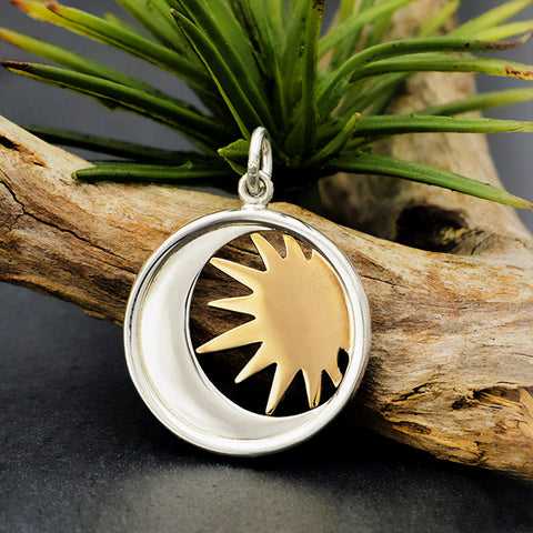 Sterling Silver Moon and Bronze Sun Charm Celestial Nature Pendant Gift for Her 