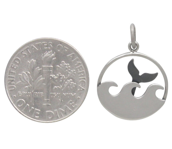 WHALE TAIL AND OCEAN WAVES CHARM STERLING SILVER AQUATIC ANIMAL PENDANT SIZE COMPARISON