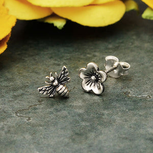 Bee and Flower Stud Earrings Sterling Silver Tiny Honey Bee and Cherry Blossom Studs 1