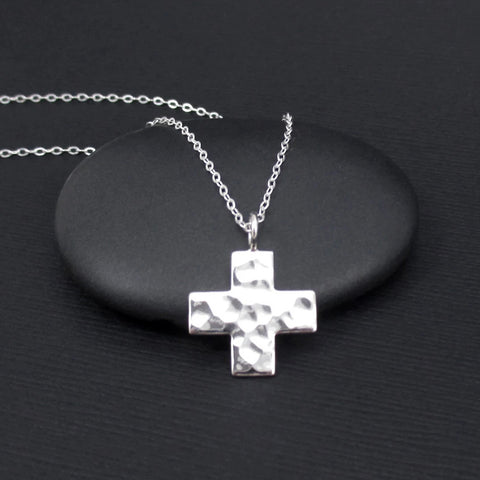 Hammered Cross Necklace Sterling Silver Cross Necklace, Faith Necklace, Religious Jewelry