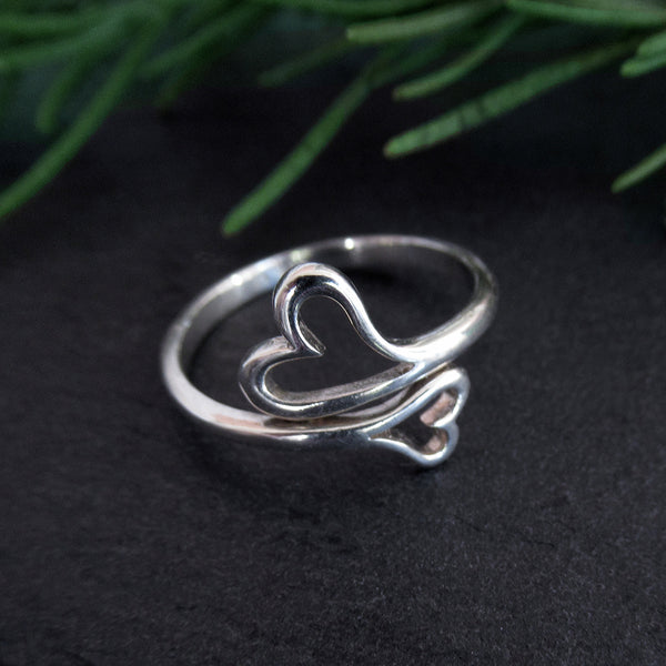 Sterling Silver 925 Adjustable Double Heart Ring