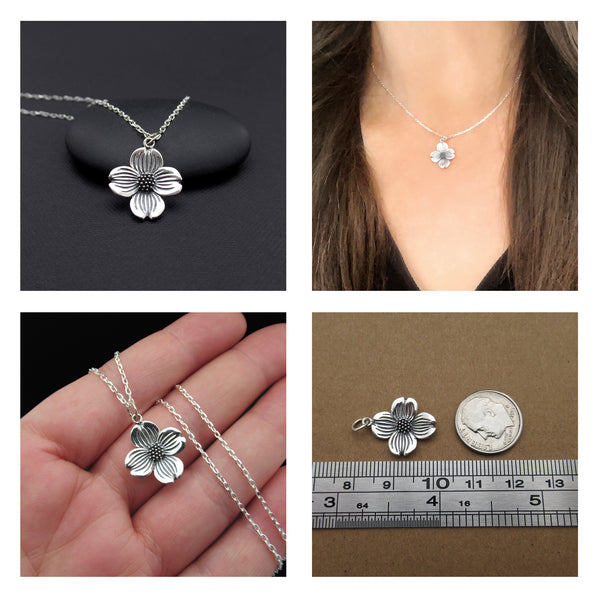 DOGWOOD FLOWER NECKLACE STERLING SILVER DETAILED AND DELICATE FLORAL PENDANT THE MOONFLOWER STUDIO 4
