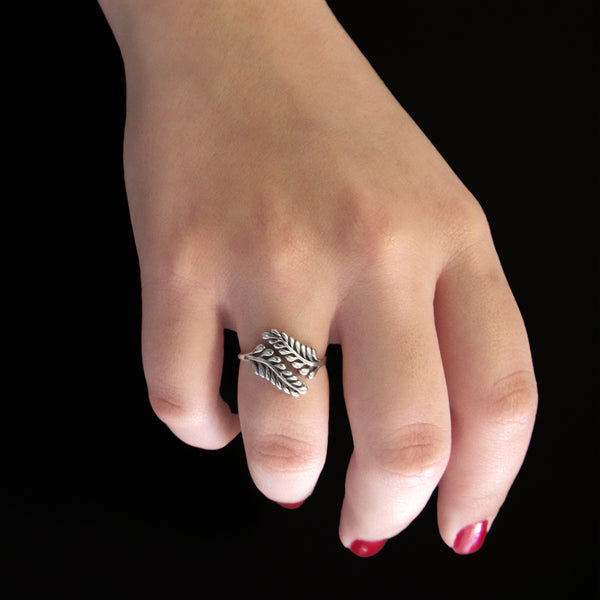 Spring Leaf Ring Adjustable Sterling Silver Fern Ring Band  Top View