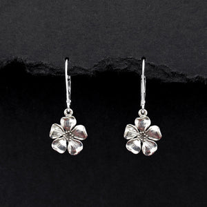 Cherry Blossom Earrings Sterling Silver Small Flower Dangle Leverback Rustic Jewelry Oxidized Black Boho Bohemian Gardener Gift