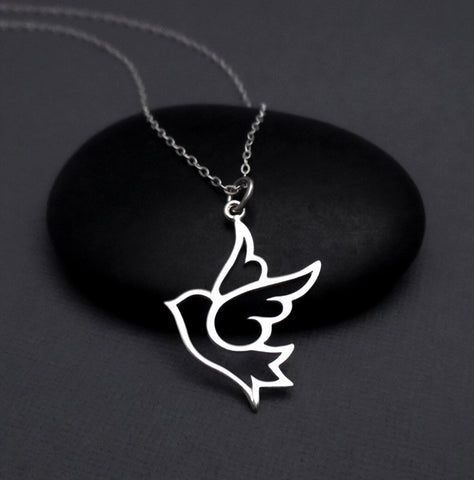 Dove Necklace Sterling Silver Peace Bird in Flight Pendant Gift for Her