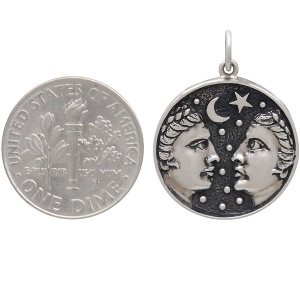 Gemini Zodiac Charm Sterling Silver Two Sided Astrological Celestial Ruling Planet Mercury Pendant Size Comparison