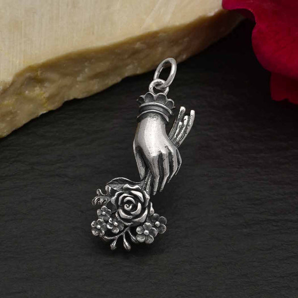 Hand Charm Holding Flower Bouquet Small Floral Pendant Petite Bloom Blossom Botanical Gift