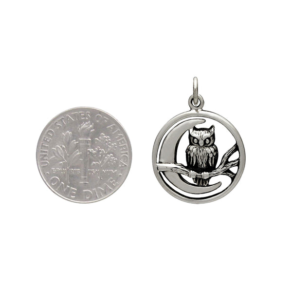 Owl on Branch Necklace Sterling Silver Crescent Moon Nocturnal Bird Charm Grad Gift Size Comparison