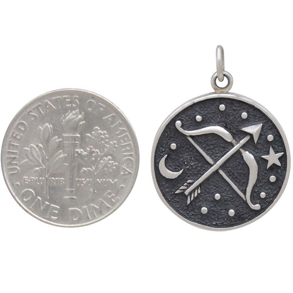Sagittarius Zodiac Charm Sterling Silver Two Sided Astrology Celestial Symbol Unisex Pendant Size Comparison