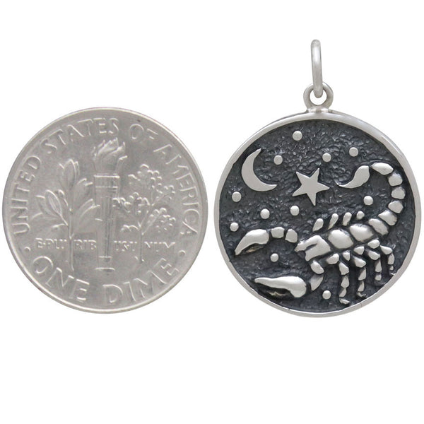 Scorpio Zodiac Charm Sterling Silver Astrological Celestial Symbol Unisex Pendant Size Comparison