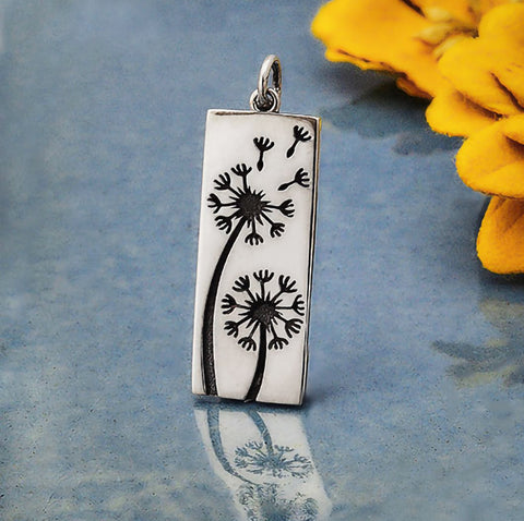 Sterling Silver Dandelion Charm Rectangle Flower Flower Seed Nature Pendant
