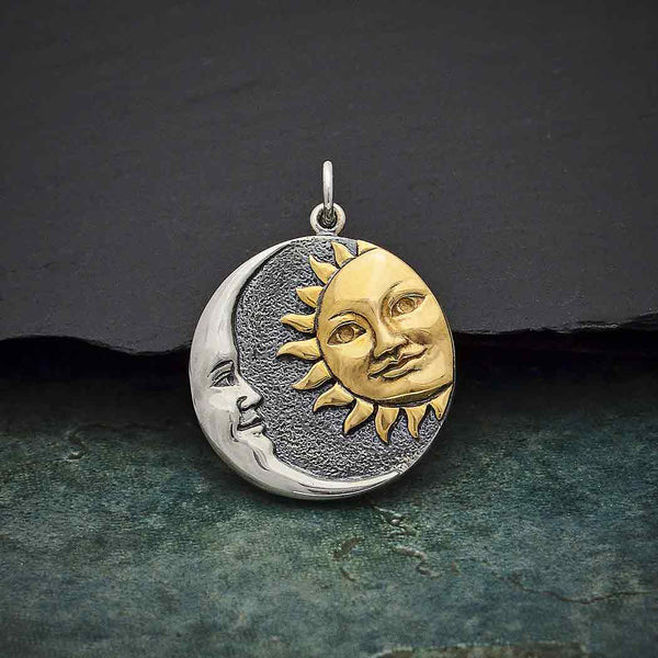 Sun and Moon Charm Sterling Silver and Bronze Mixed Metal Pendant