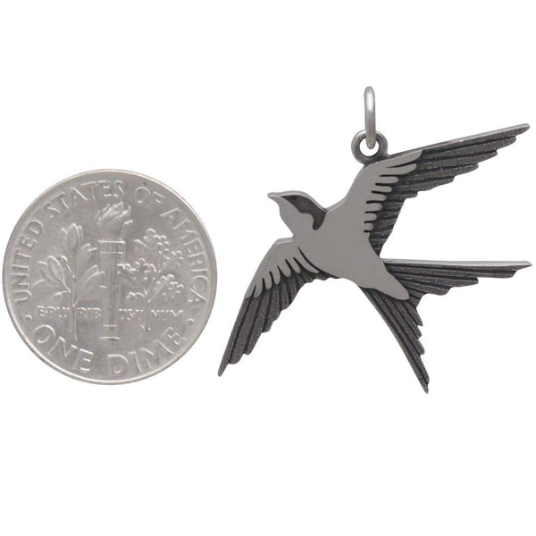Swallow Charm Sterling Silver Bird in FLight Pendant Good Luck Hope Love Devotion Gift Size Comparison