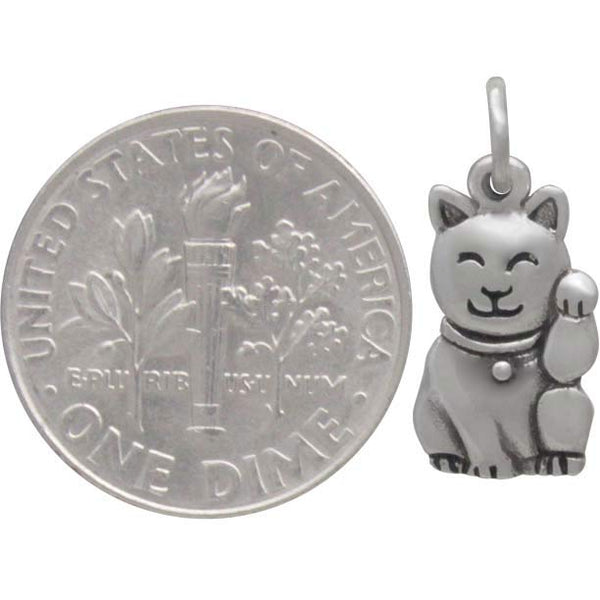 Tiny Cat Charm Sterling Silver Lucky Maneki Neko Pendant Pet Lover Gift for Her Size Comparison