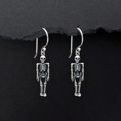 sterling silver human skeleton earrings, dangle drops
