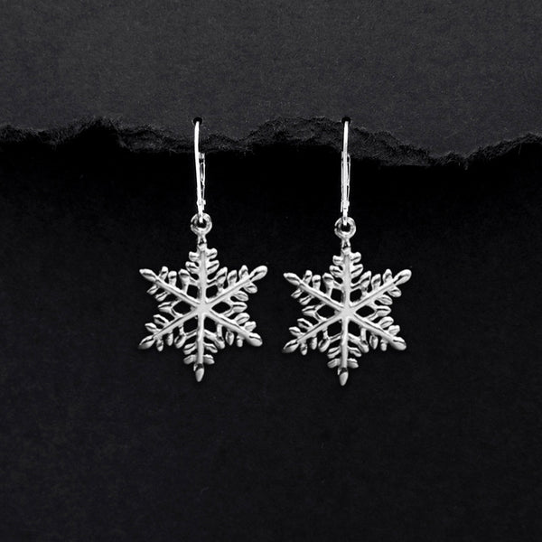 snowflake earrings sterling silver small winter dangles leverback ice crystal drops nature season leverback snow lover gift for mom grandma her