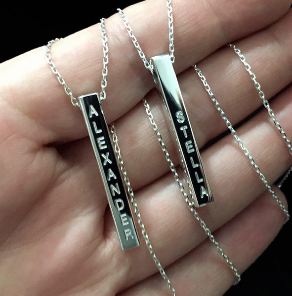 3D bar Necklace Sterling Silver Name Necklace Personalized Vertical Bar