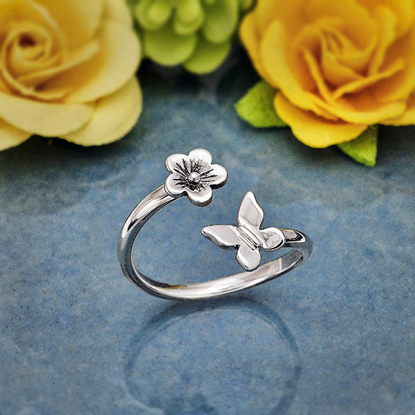 BUTTERFLY AND CHERRY BLOSSOM RING STERLING SILVER ADJUSTABLE BAND