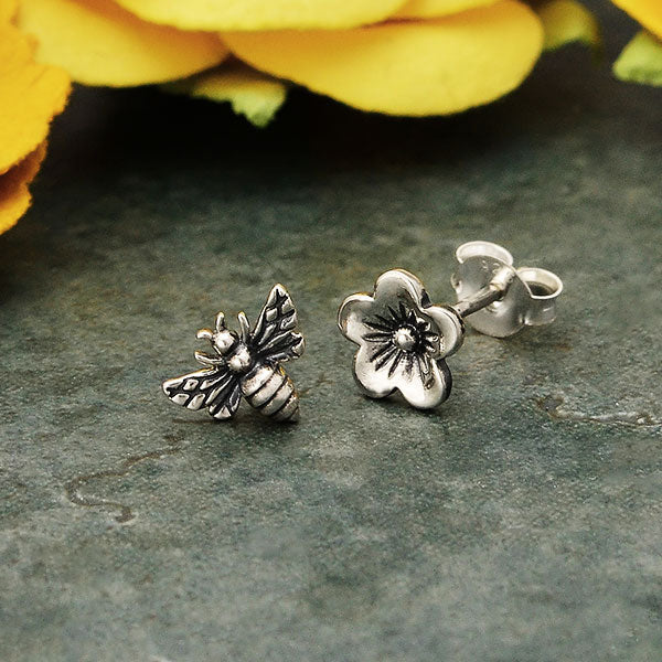 Bee and Flower Stud Earrings Sterling Silver Tiny Honey Bee and Cherry Blossom Studs 1