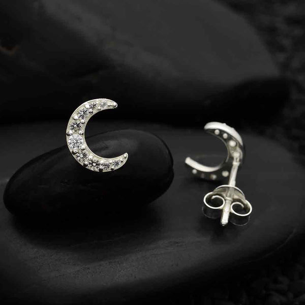 Crescent Moon Stud Earrings with Clear Nano Gemstones