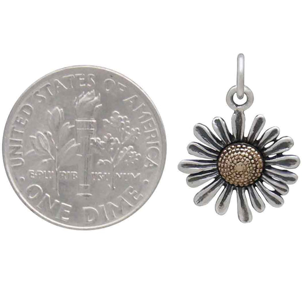 DAISY FLOWER CHARM STERLING SILVER AND BRONZE MIXED METAL APRIL BIRTH FLOWER PENDANT 2