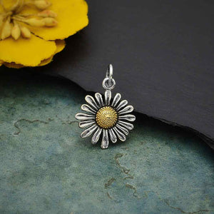 DAISY FLOWER CHARM STERLING SILVER AND BRONZE MIXED METAL APRIL BIRTH FLOWER PENDANT