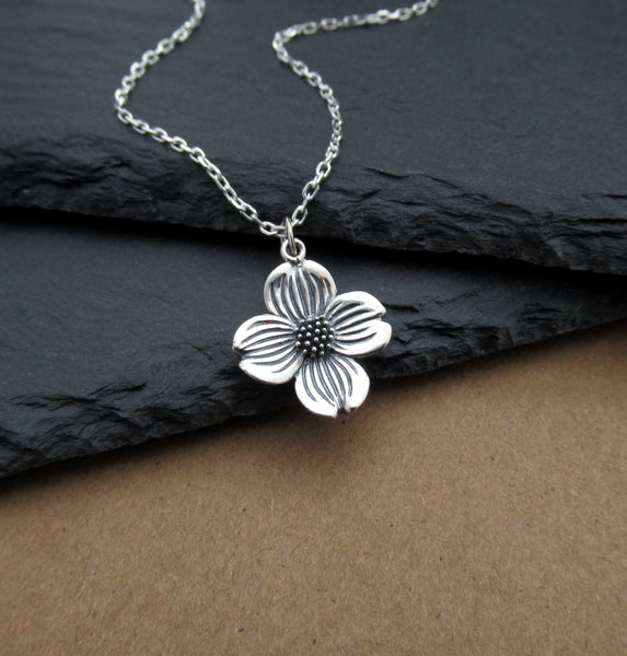 DOGWOOD FLOWER NECKLACE STERLING SILVER DETAILED AND DELICATE FLORAL PENDANT THE MOONFLOWER STUDIO 2