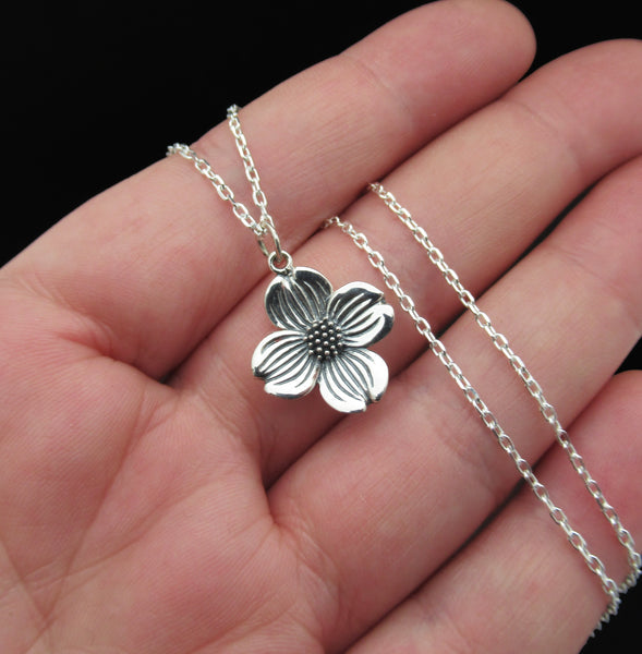 DOGWOOD FLOWER NECKLACE STERLING SILVER DETAILED AND DELICATE FLORAL PENDANT THE MOONFLOWER STUDIO 3