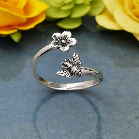 BEE AND FLOWER RING STERLING SILVER ADJUSTABLE BAND