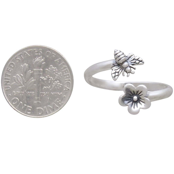 BEE AND FLOWER RING STERLING SILVER ADJUSTABLE BAND