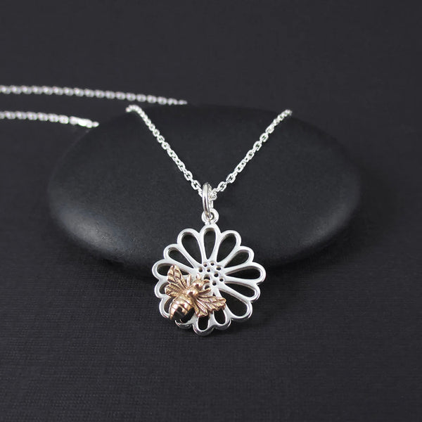 Honey Bee Necklace Sterling Silver Tiny Flower Necklace with Honeybee Bumble Bee Charm Pendant, Bee Jewelry, Floral Jewelry 1