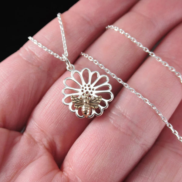 Honey Bee Necklace Sterling Silver Tiny Flower Necklace with Honeybee Bumble Bee Charm Pendant, Bee Jewelry, Floral Jewelry 3