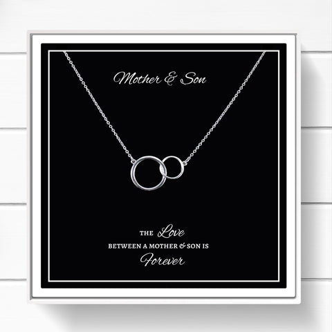MOTHER SON GIFT NECKLACE MOTHERS DAY GIFT FROM SON TO MOM INTERLOCKING CIRCLES WITH CARD AND BOX 