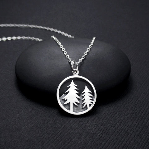 PINE TREE NECKLACE STERLING SILVER MOUNTAIN SCENE NECKLACE 1
