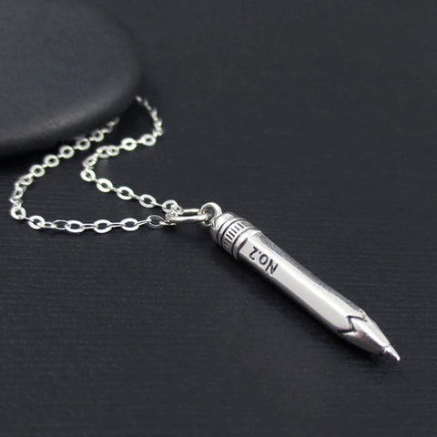 PENCIL CHARM NECKLACE STERLING SILVER WRITER TEACHER GIFT 1