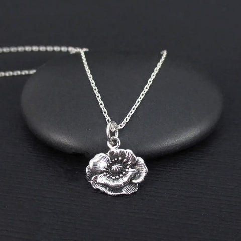 POPPY FLOWER NECKLACE STERLING SILVER RUSTIC NATURE CHARM PENDANT NECKLACE 1