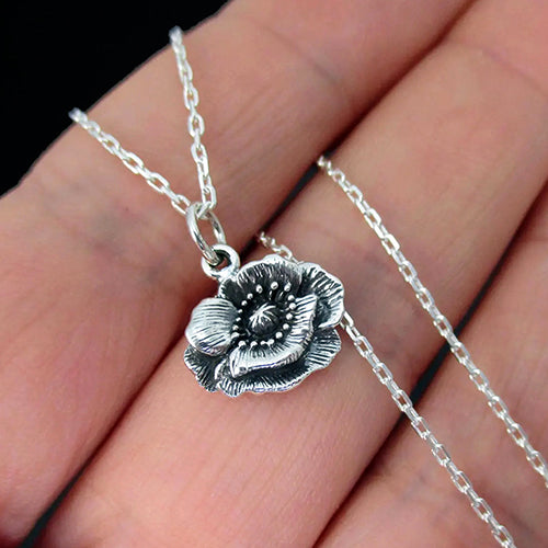 POPPY FLOWER NECKLACE STERLING SILVER RUSTIC NATURE CHARM PENDANT NECKLACE 2