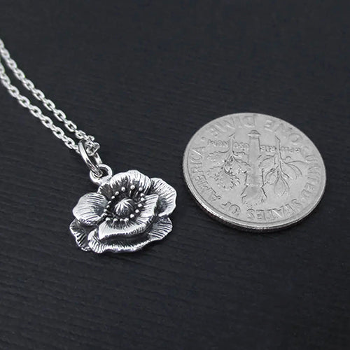 POPPY FLOWER NECKLACE STERLING SILVER RUSTIC NATURE CHARM PENDANT NECKLACE 3